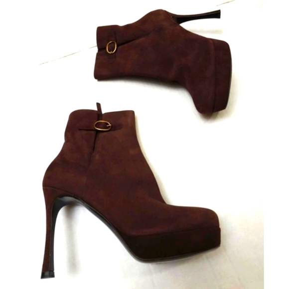 SAINT LAURENT 1595$ Brown Suede Jane Monogram Pointed Square toe Boots 38 - Picture 2 of 9